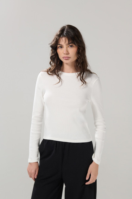Camiseta acanalada manga larga unicolor con cuello redondo