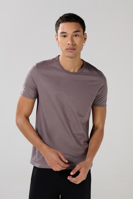 Camiseta en algodón ajustada con cuello redondo unicolor