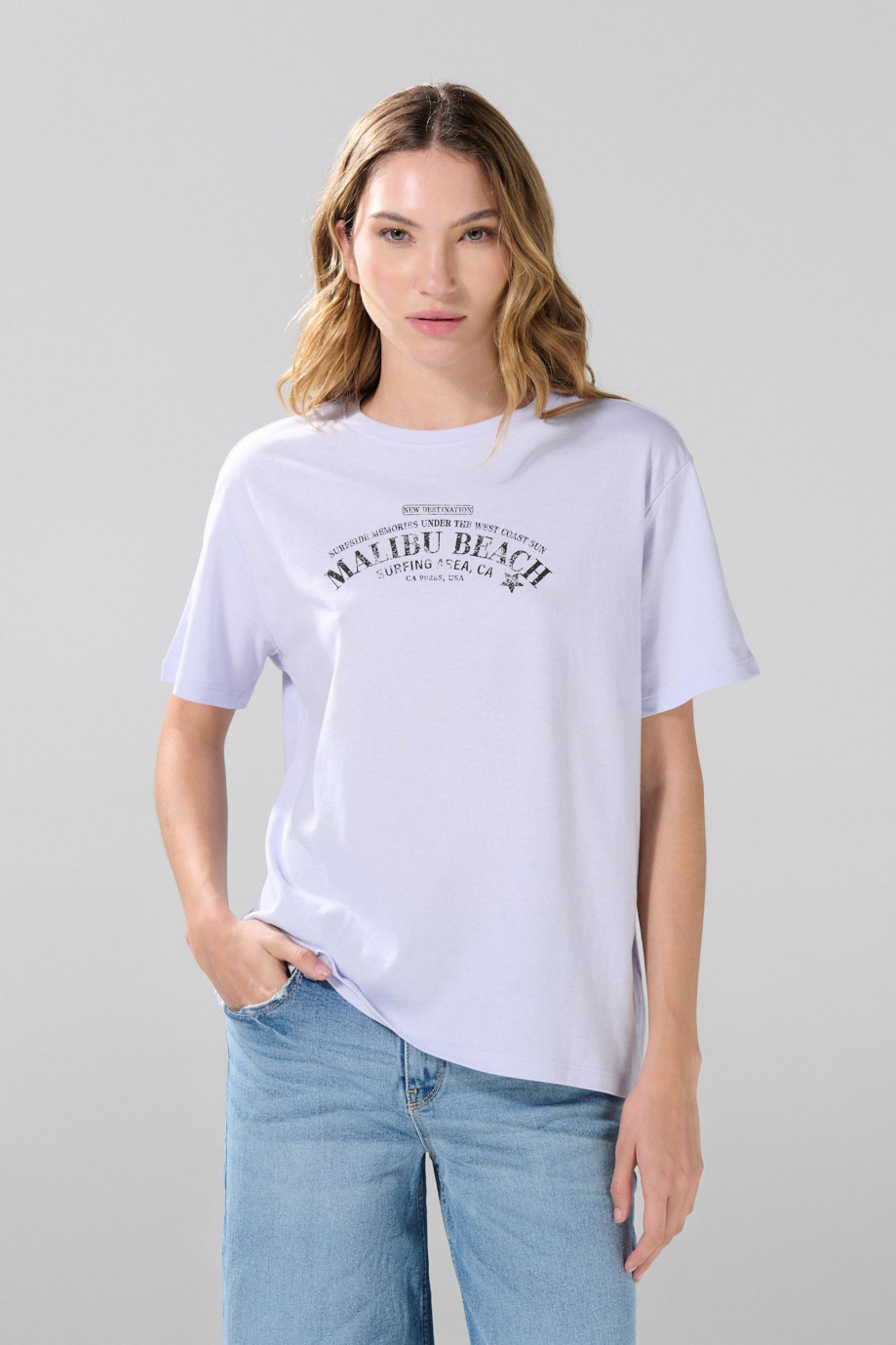 Camiseta lila clara con arte college y manga corta