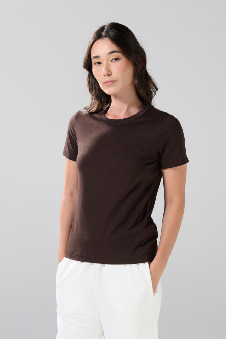 Camiseta ajustada cuello redondo unicolor en algodón