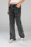 Jean straight low waist gris oscuro con perlas decorativas