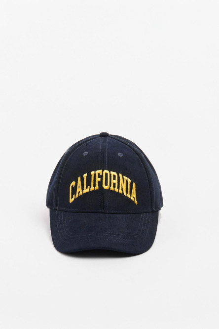 Gorra beisbolera en color azul, con refuerzo, cierre plástico y aplique bordado "California".