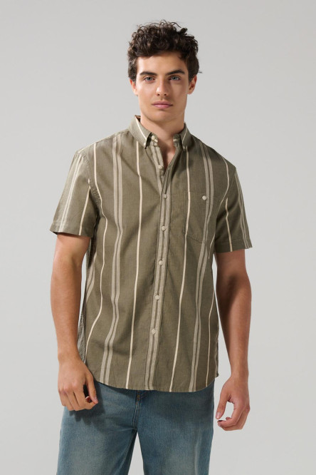 Camisa a rayas unicolor con manga corta y bolsillo