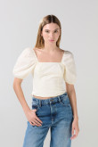 Blusa unicolor con manga corta aglobada y escote cuadrado