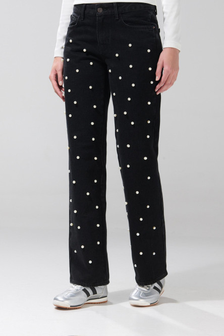 Jean negro straight low waist con perlas y tiro bajo