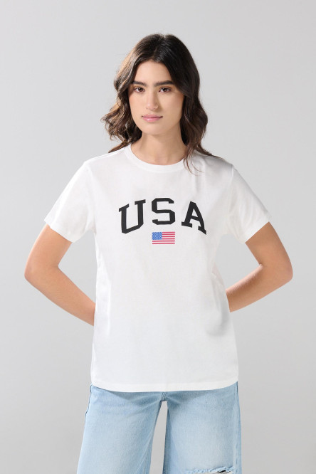 Camiseta cuello redondo crema con arte college de USA