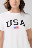 Camiseta cuello redondo crema con arte college de USA