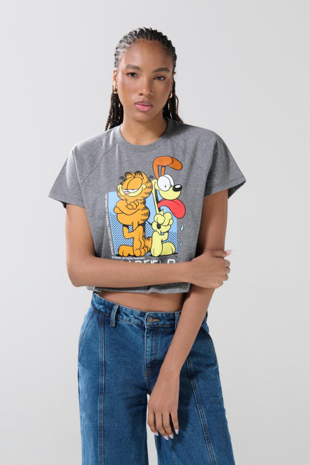 Camiseta gris medio crop top de Garfield con manga ranglan
