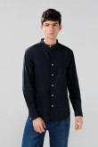 Camisa en algodón con cuello nerú unicolor y botones