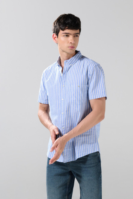 Camisa unicolor en algodón cuello button down a rayas
