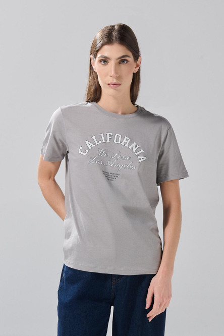 Camiseta gris medio cuello redondo con estampado college