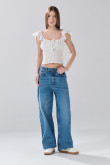 Blusa manga corta crema clara con escote redondo