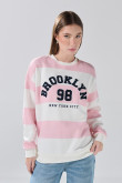 Buzo crema cuello redondo oversize con rayas y arte college