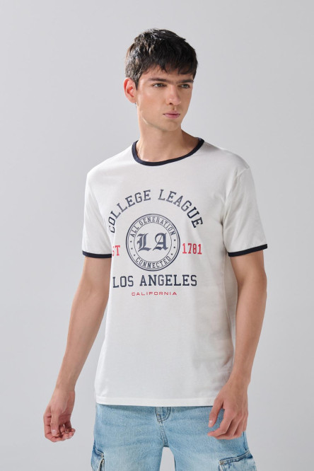 Camiseta crema clara cuello redondo college con contrastes