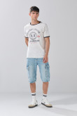 Camiseta crema clara cuello redondo college con contrastes