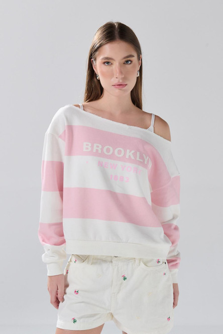Buzo cuello redondo oversize crema college con rayas