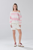 Buzo cuello redondo oversize crema college con rayas