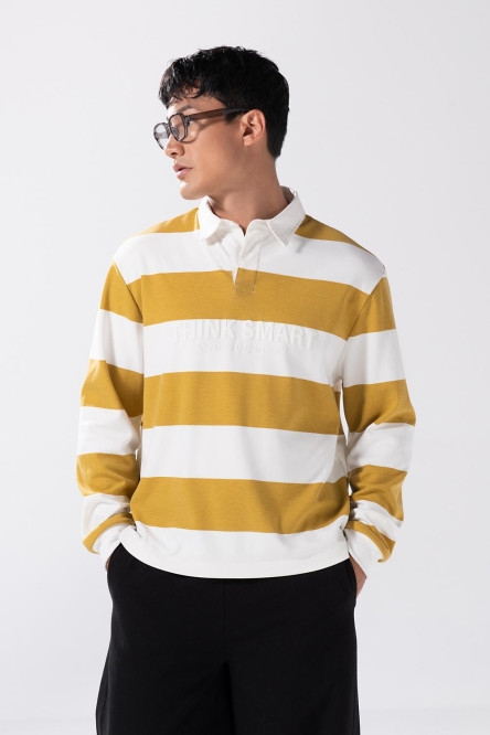 Buzo crema oversize a rayas con cuello polo y arte college
