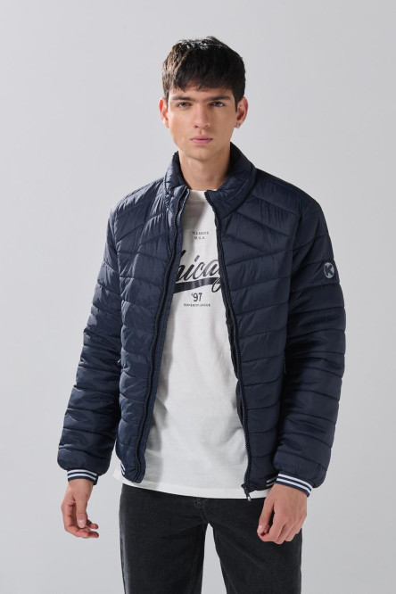 Chaqueta acolchada bomber unicolor con bolsillos y cremallera
