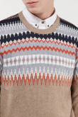 Suéter tejido unicolor con motivos de figuras y cuello redondo